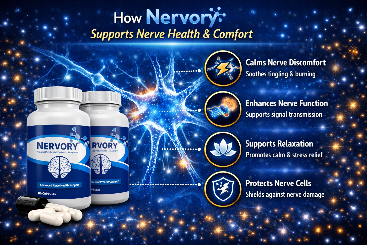 How Nervory supports nerve health and relaxation — relaxation and calm, everyday nerve comfort, antioxidant support, and restful sleep
